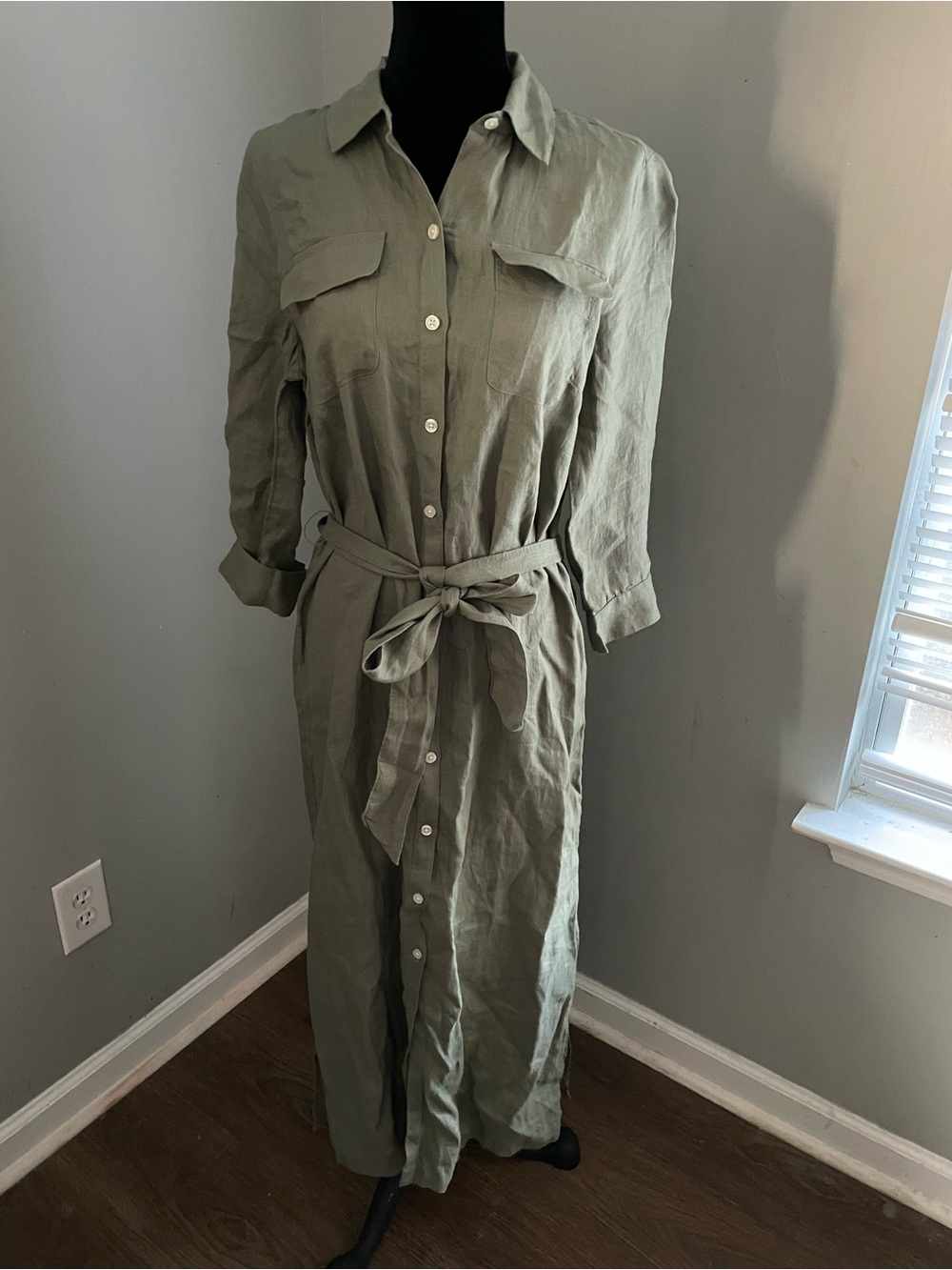 Talbots Linen Olive Green Button‑Front Maxi Belted Shirtdress